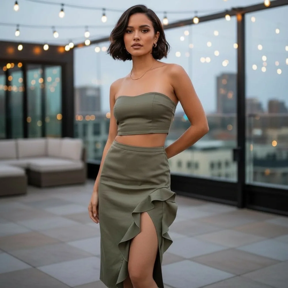 Le Lis SET Boutique Olive Strapless Skirt Ruffle Midi Size L - Picture 3 of 5